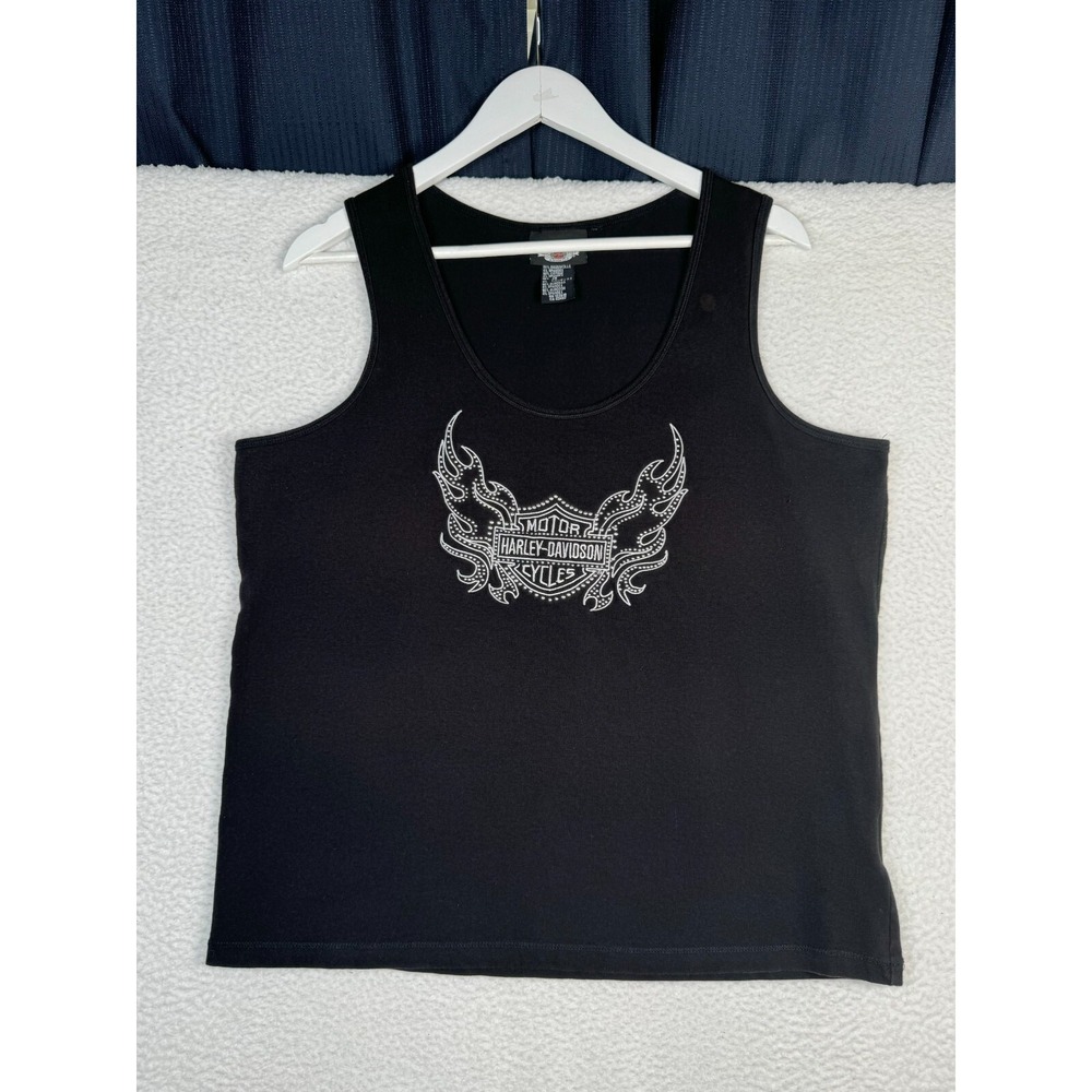VTG Harley Davidson Tank Top Womens XL - Flames Black Embroidered Studded Y2K
